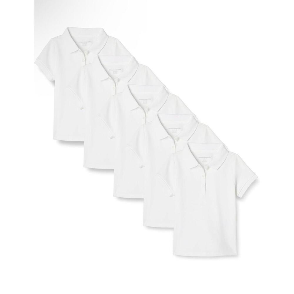 Amazon Essentials Girls' Short Sleeve Uniform Polo Shirts (S) 6-7 White 5-Pack